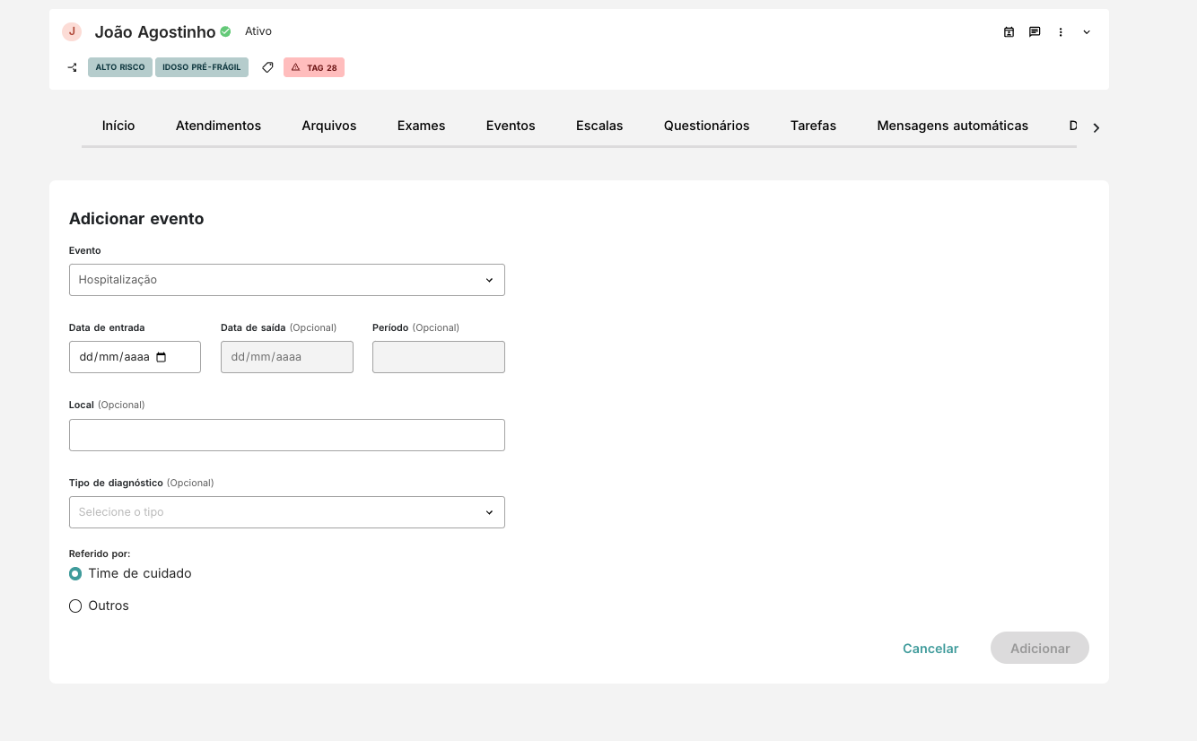 Tela para registro de hospitalização
