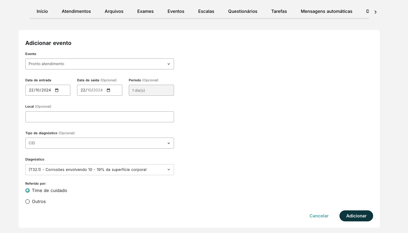 Tela para registro de Pronto atendimento