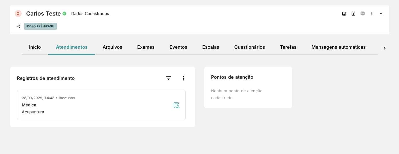Tela com a lista de registros de atendimento