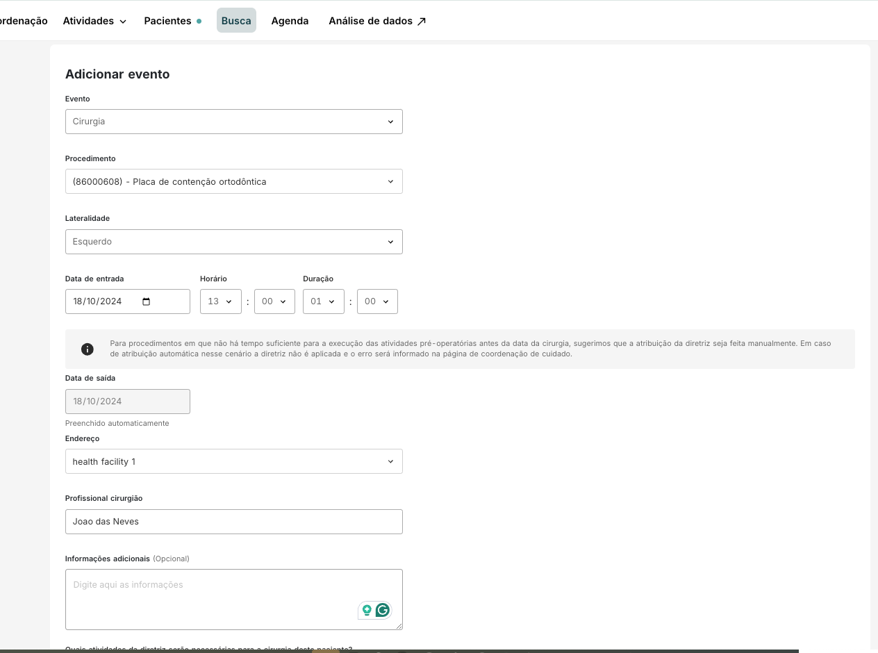 Tela de regitro de procedimento