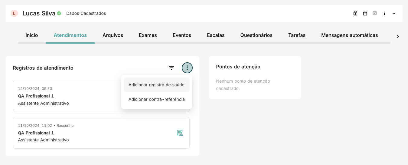 Tela para registro de atendimento