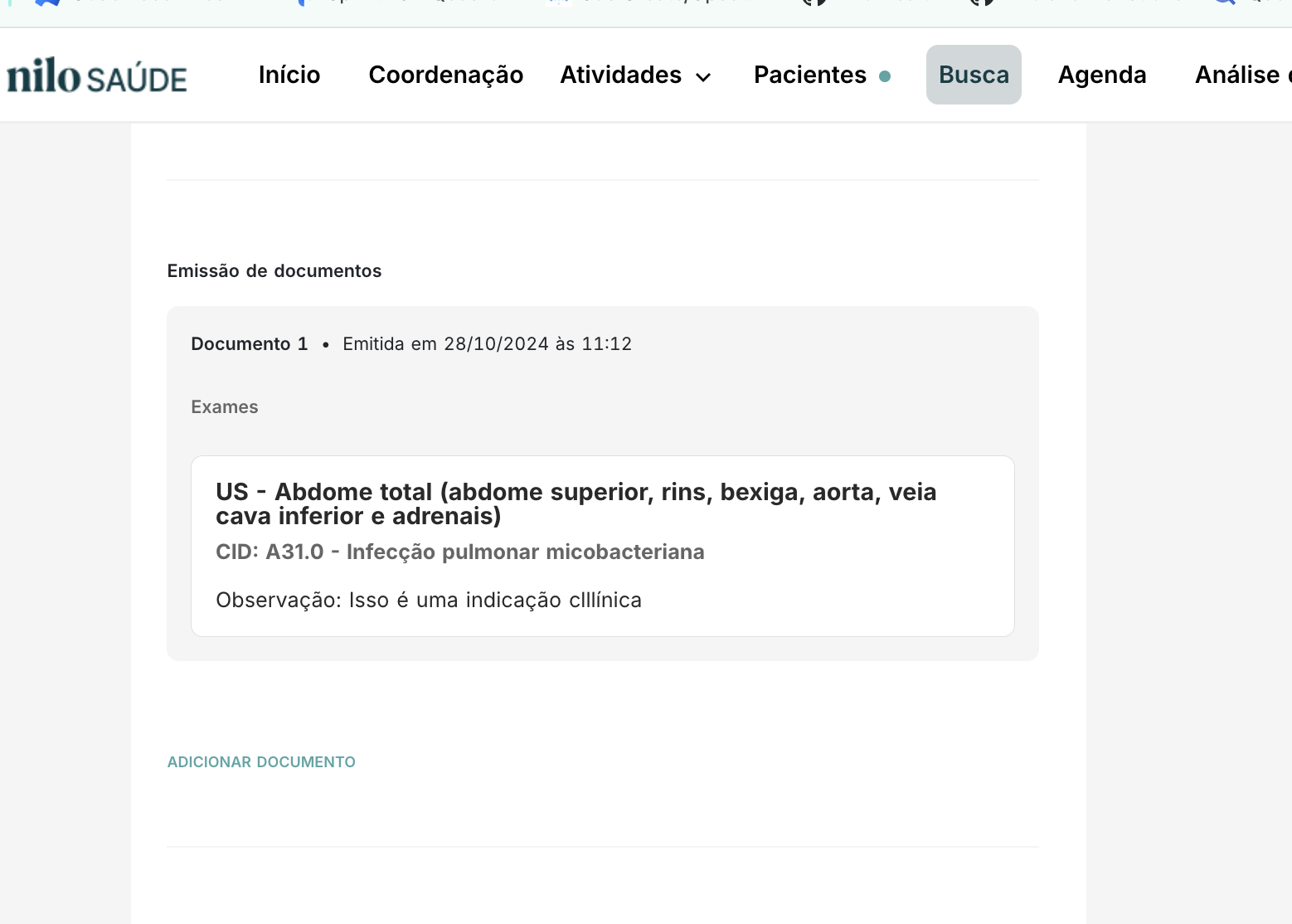 Tela para visualização de solicitação de exames