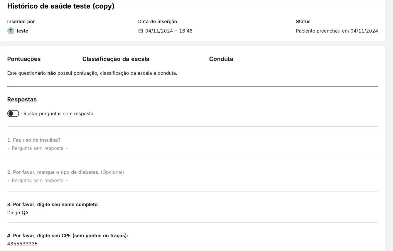 Tela com respostas do questionário