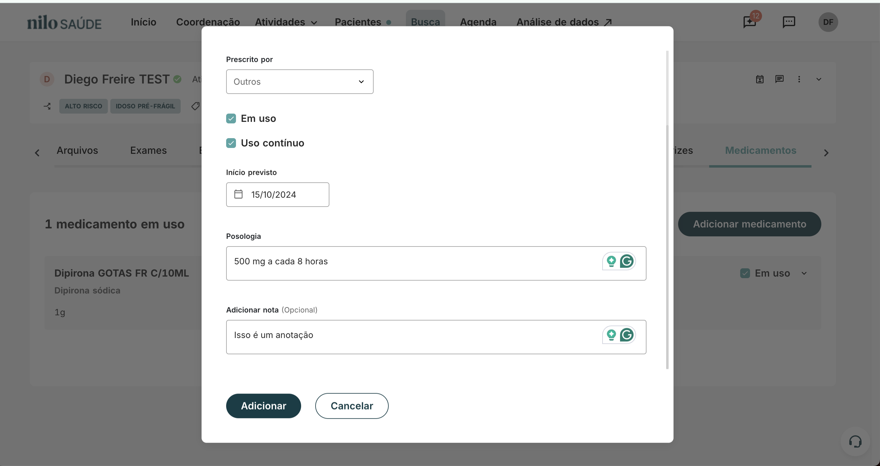 Tela de registro de medicamento