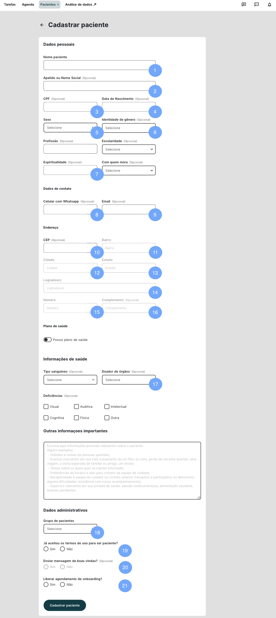 Tela de cadastro de paciente