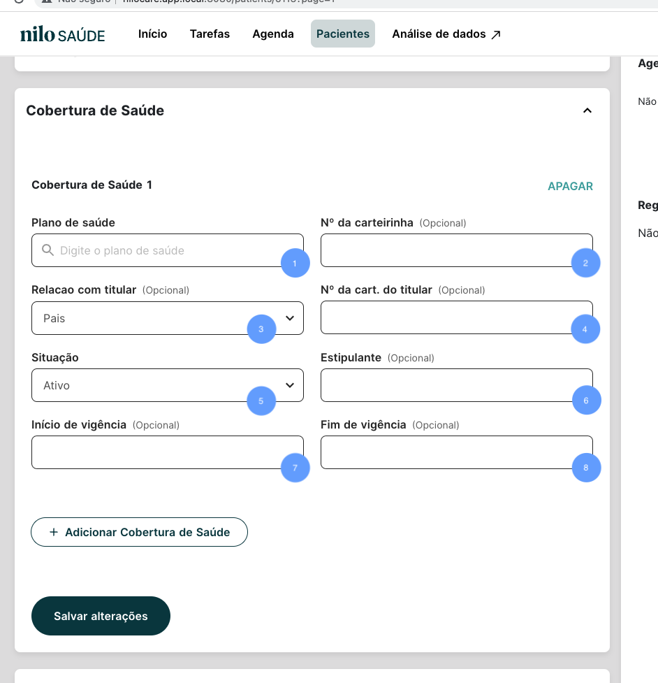 Tela de cadastro de coberturas médicas